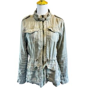 Lucky Brand Green Linen Military Jacket Women M Cargo Cinched Waist Utility Soft
